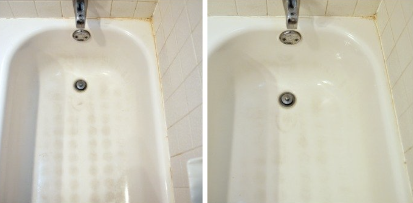 Как отмыть ванну от въевшейся. Отчищенная ванная до и после. Как отмыть чугунную ванну.