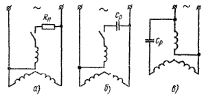 Схема 2 подключения трёхфазного двигателя через одну фазу (6 проводов): а) - с пусковым сопротивлением; б) и в) - с рабочей ёмкостью